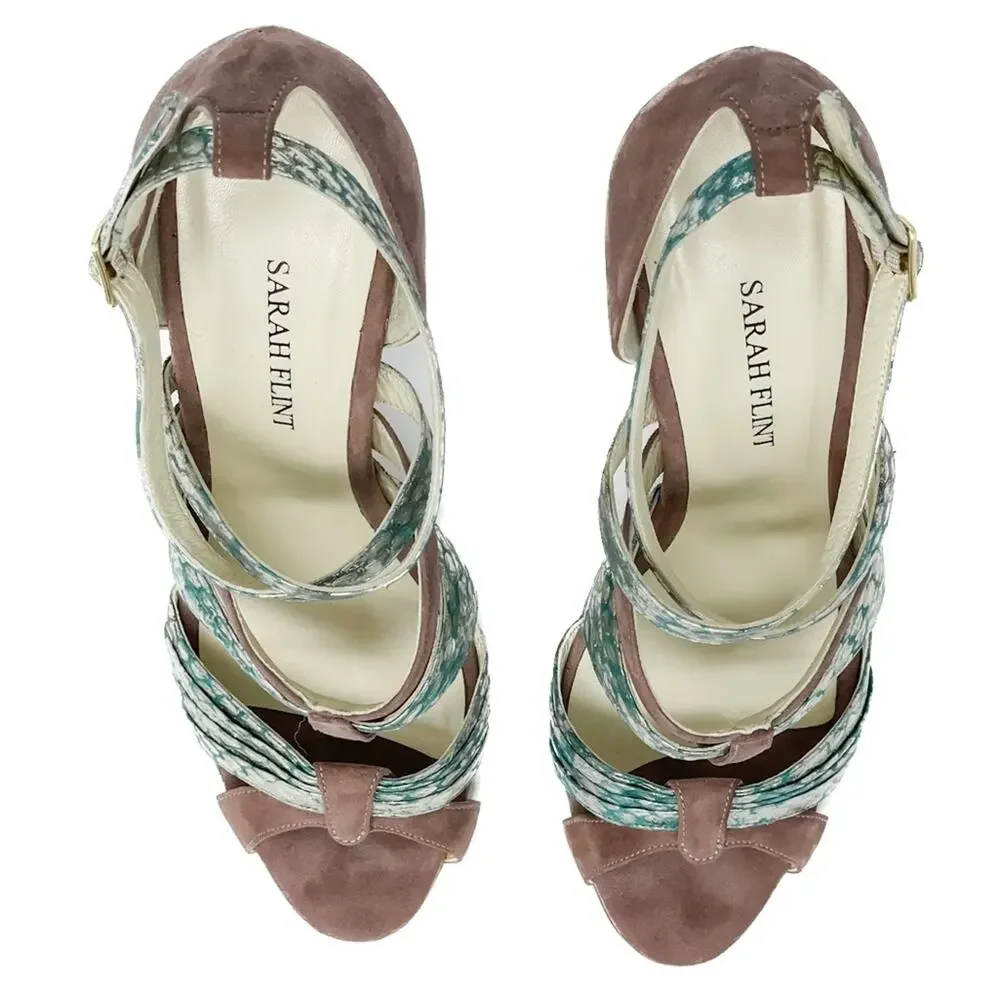 Sarah Flint Vilma Suede & Snakeskin Sandals aqua mauve gold size 37 US7